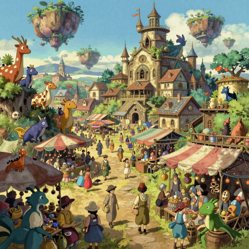 Fantastical City Marketplace with Floating Islands