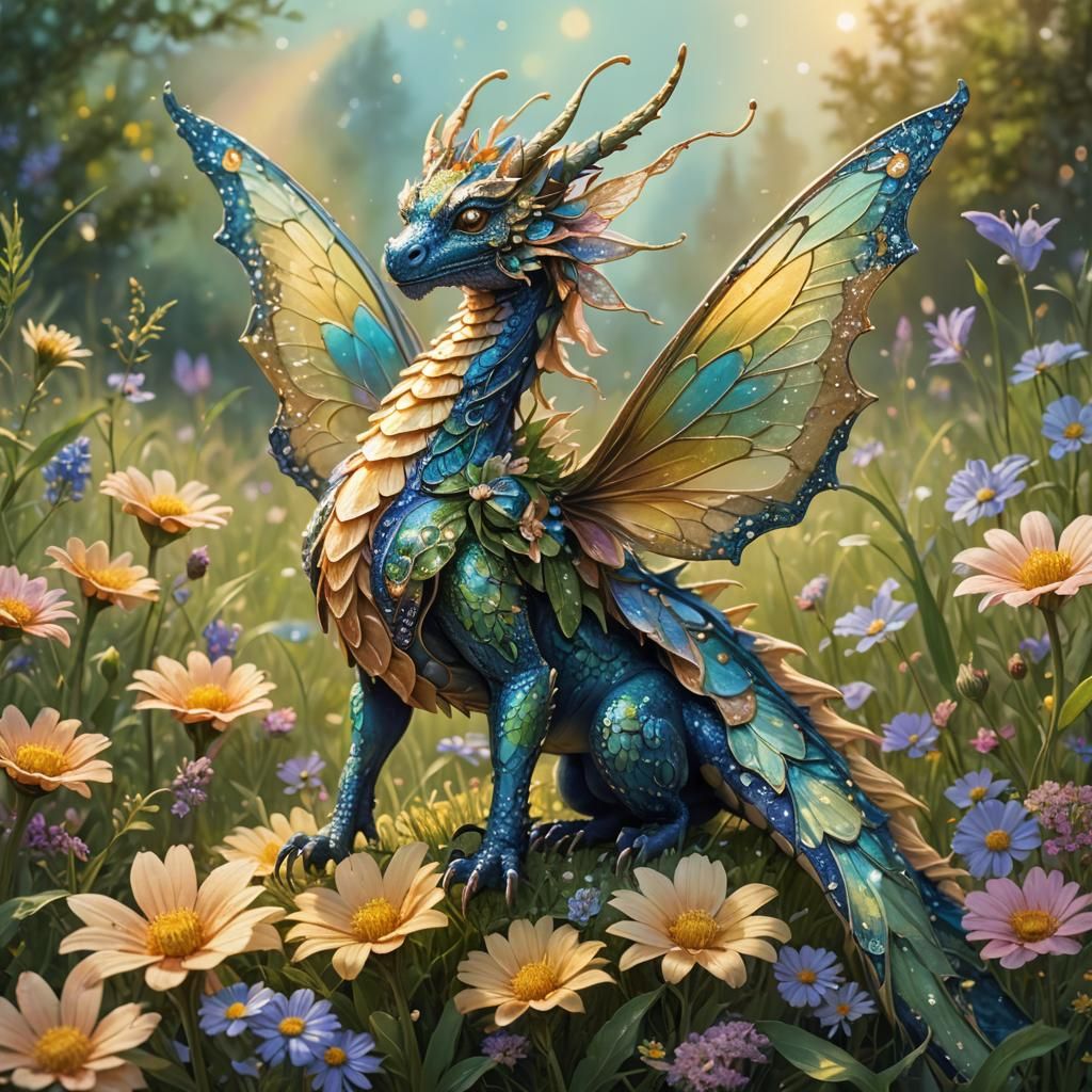 Butterfly Dragon in Lush Meadow: Whimsical Fantasy Art