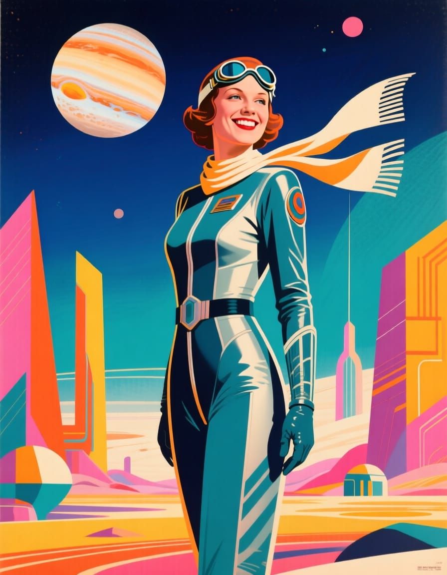 Art Deco Woman on Jupiter Moon in Retro-Futuristic Style