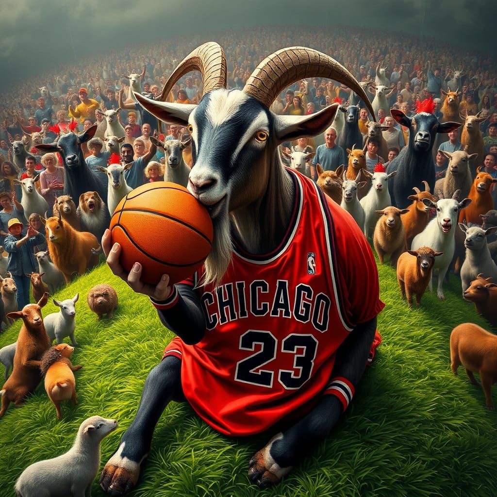Majestic Goat Eats Basketball in Hyperrealistic Style
