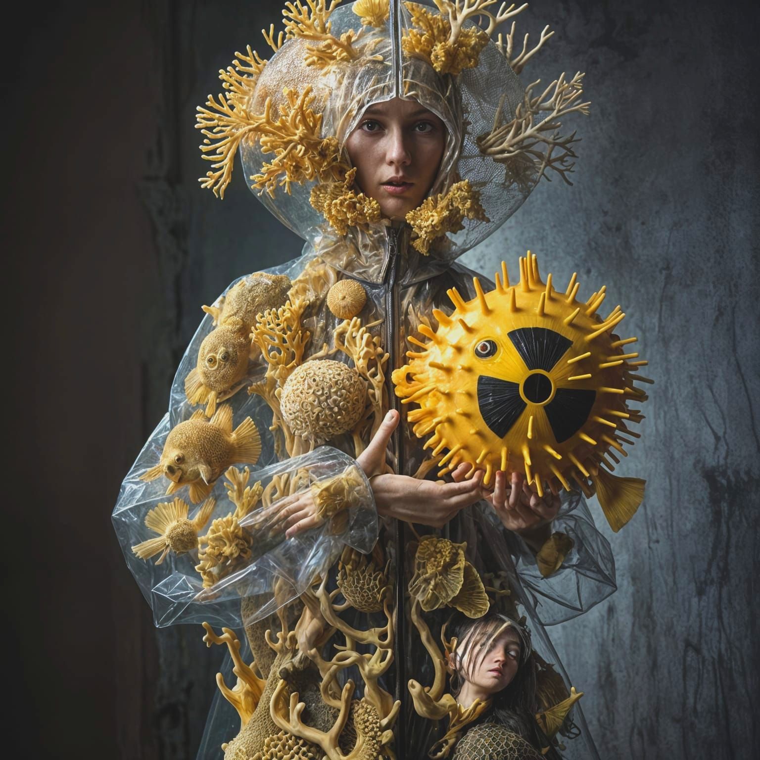 Radiant Coral Mermaid with Glowing Yellow Blowfish