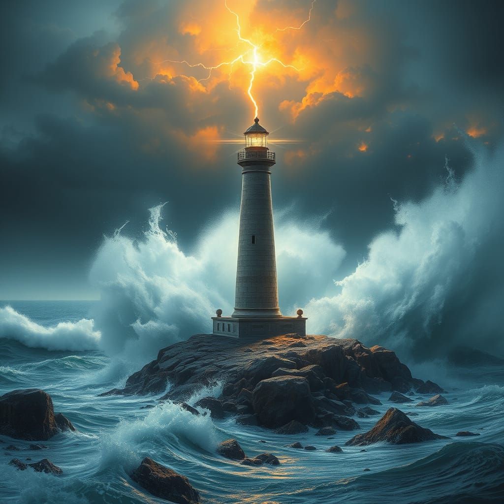 Stormy Lighthouse Towering Over Turbulent Ocean