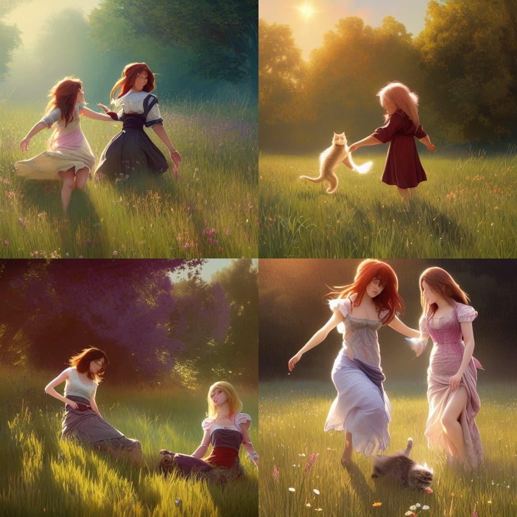 Girls in Love with Cat in Sunny Meadow