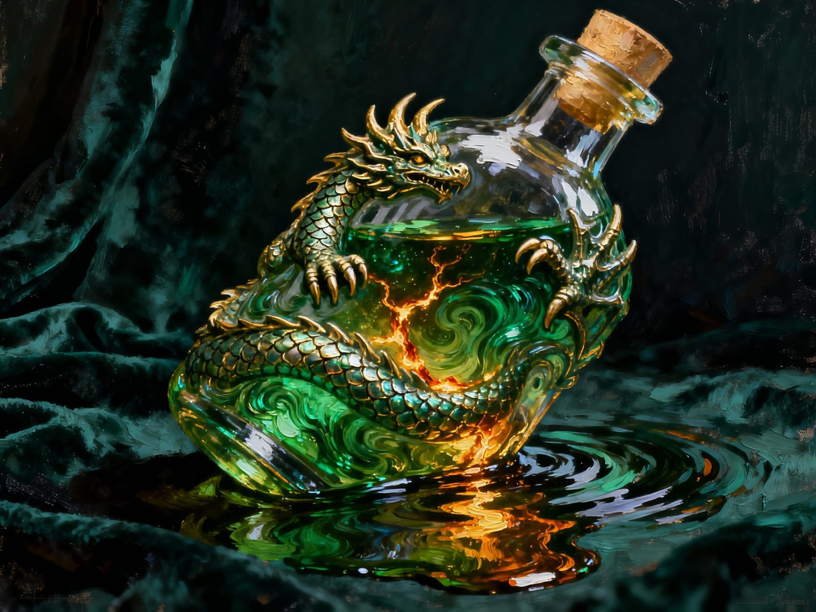 Impasto Painting of Dragon Bottle with Swirling Green Magic ...