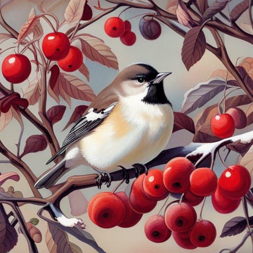 Bird with Berries, Naturalistic and Surreal Art