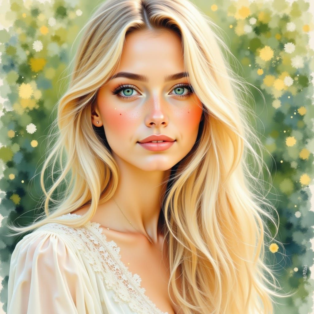 Beautiful Woman in Dappled Wood as Watercolor Pencil Sketch