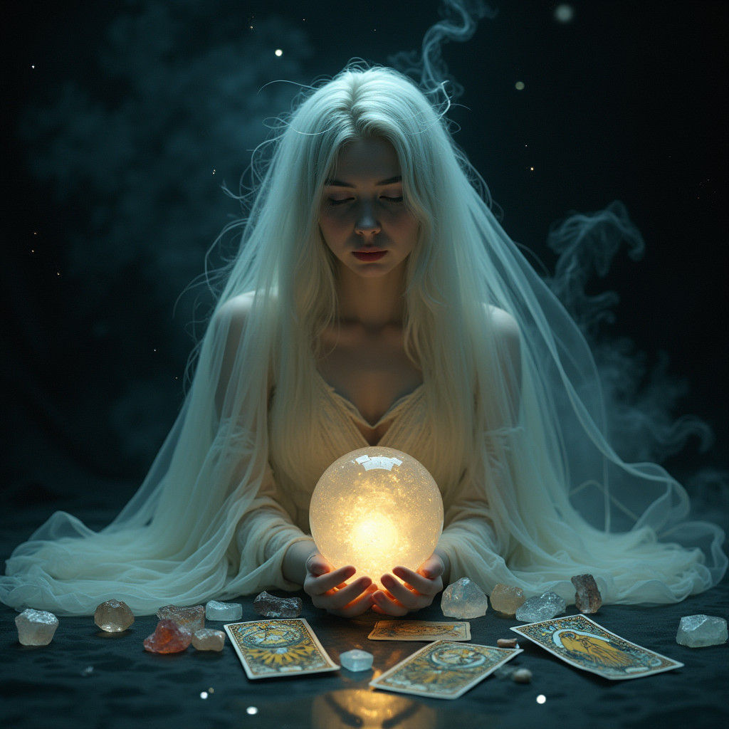 Mystical Woman with Tarot Cards and Crystal Ball