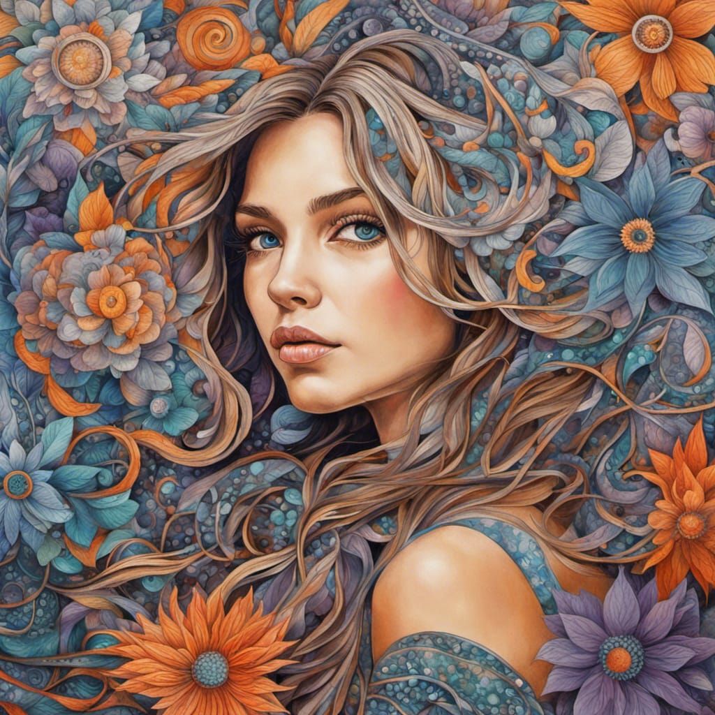 Woman with Zentangle Flowers in Gouache Style