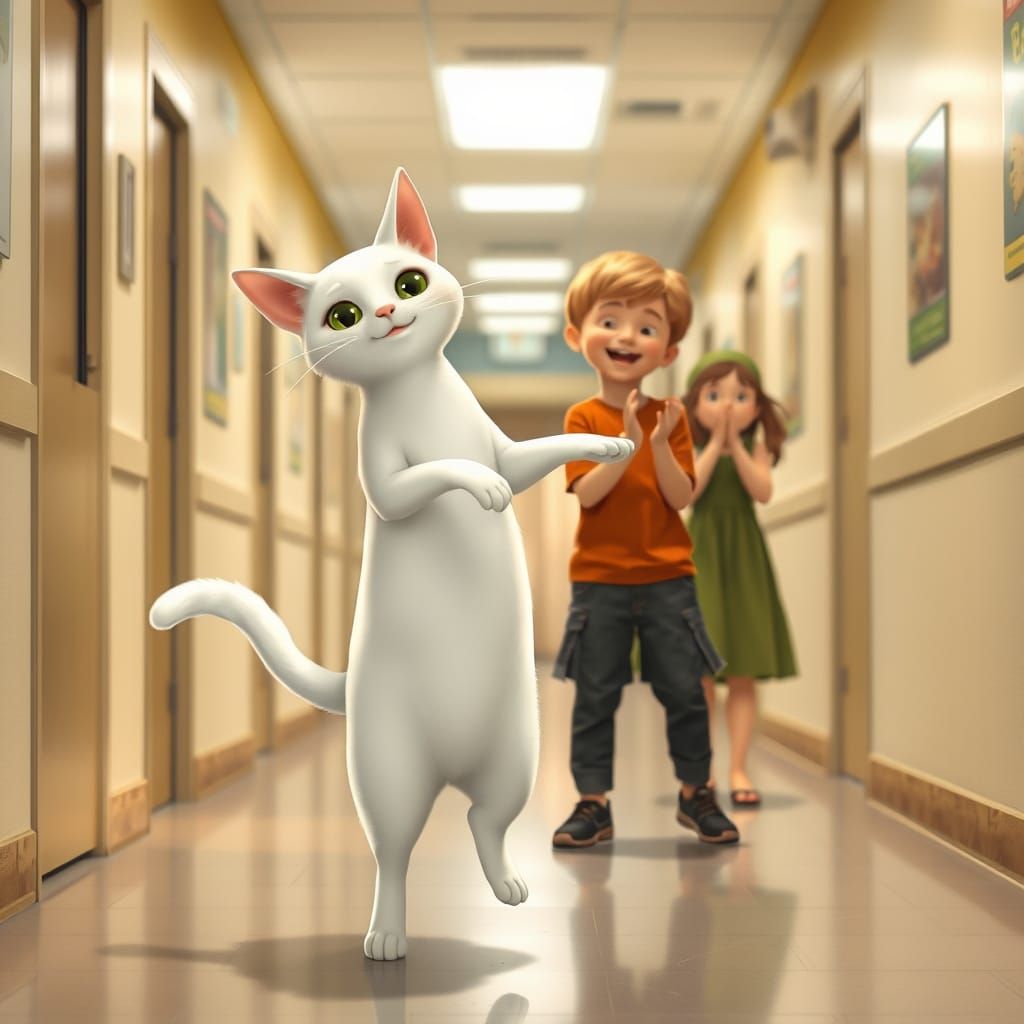 Cat Dancing with Children in Storybook School Hallway