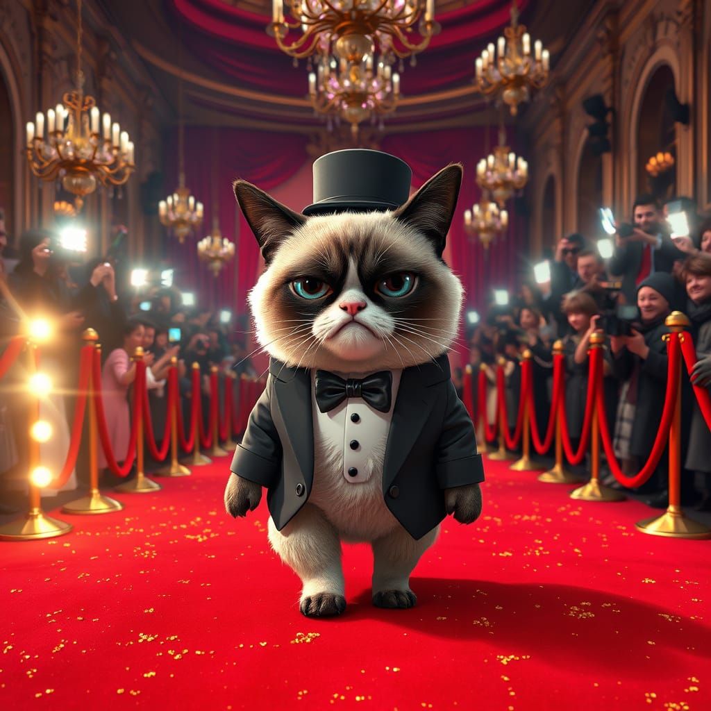 Glamorous Grumpy Cat Struts Red Carpet in Miniature Tuxedo
