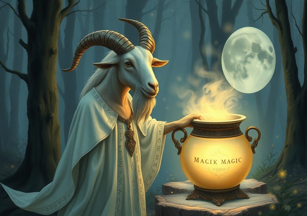 Mystical Goat by Magic Pot in Enchanted Forest