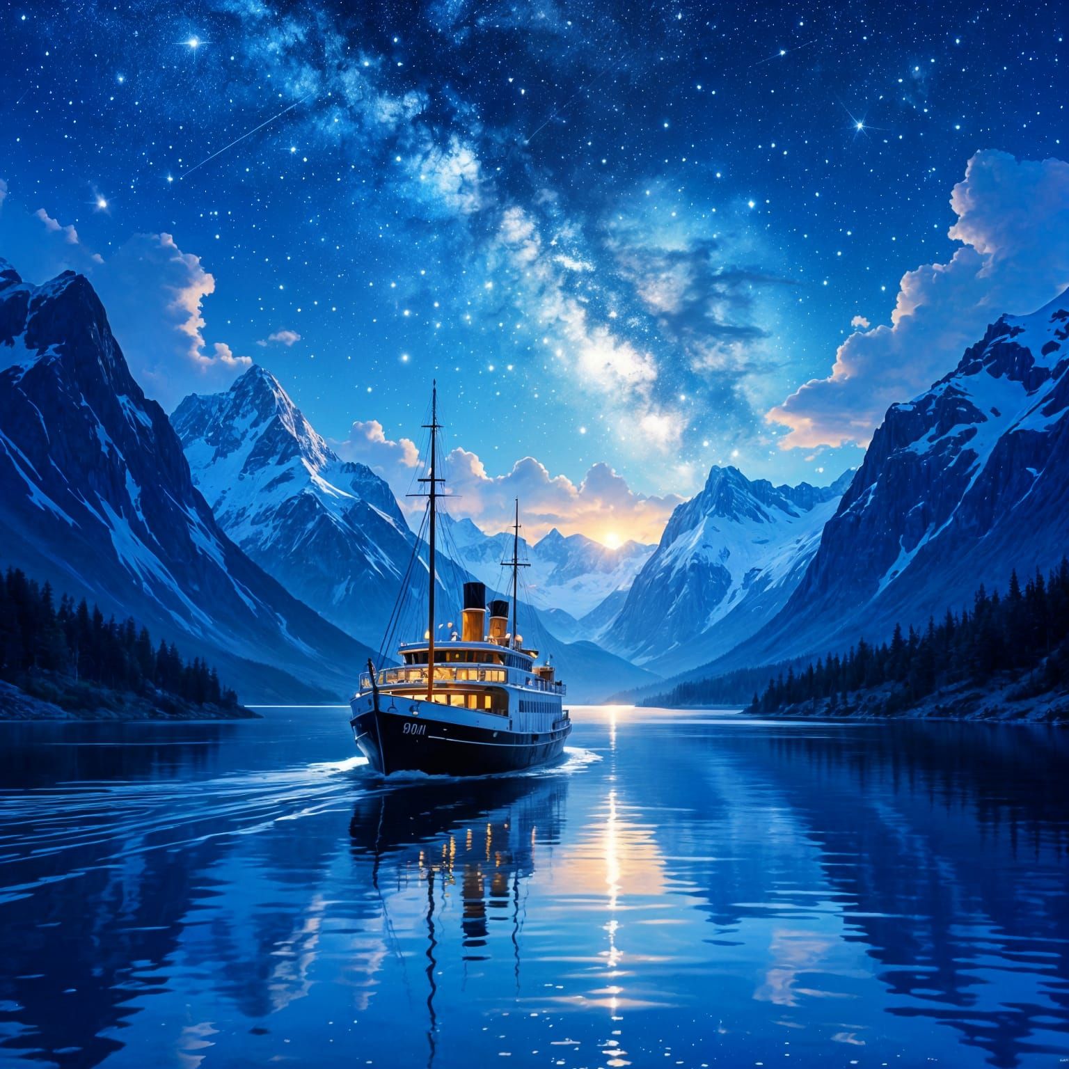 Epic Ship on River Under Starry Sky