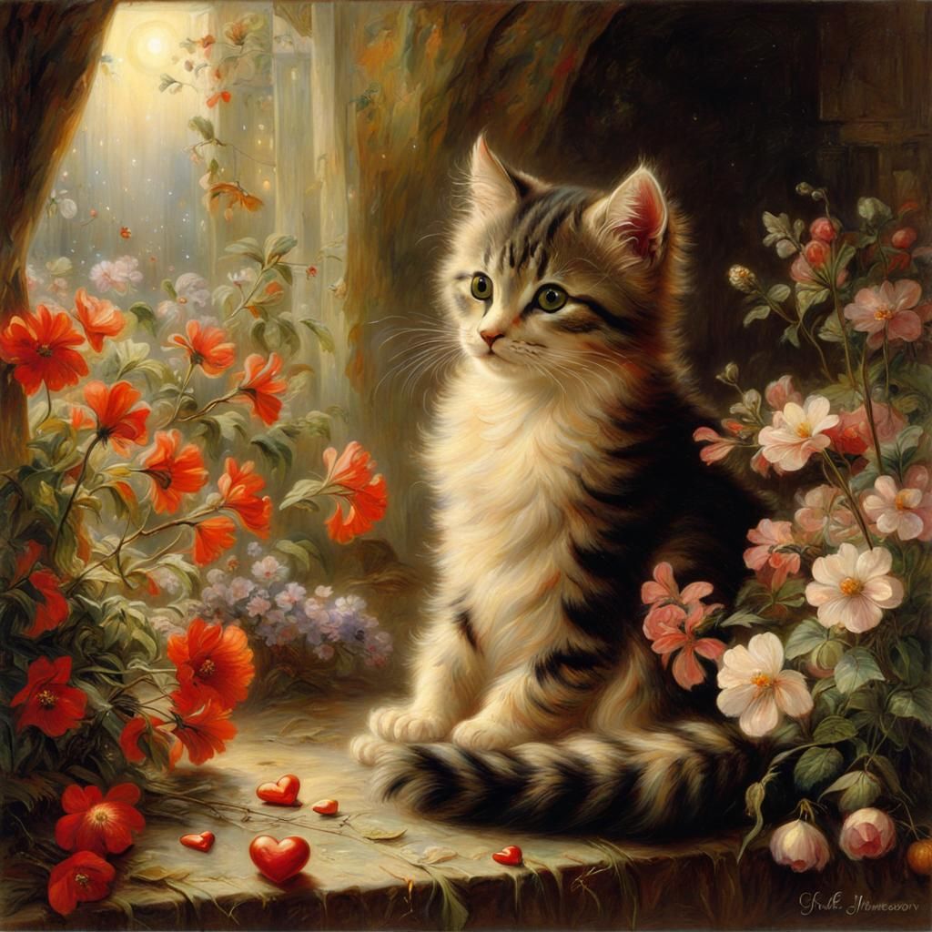 Cute Cat with Flowers, Victorian Painting Style