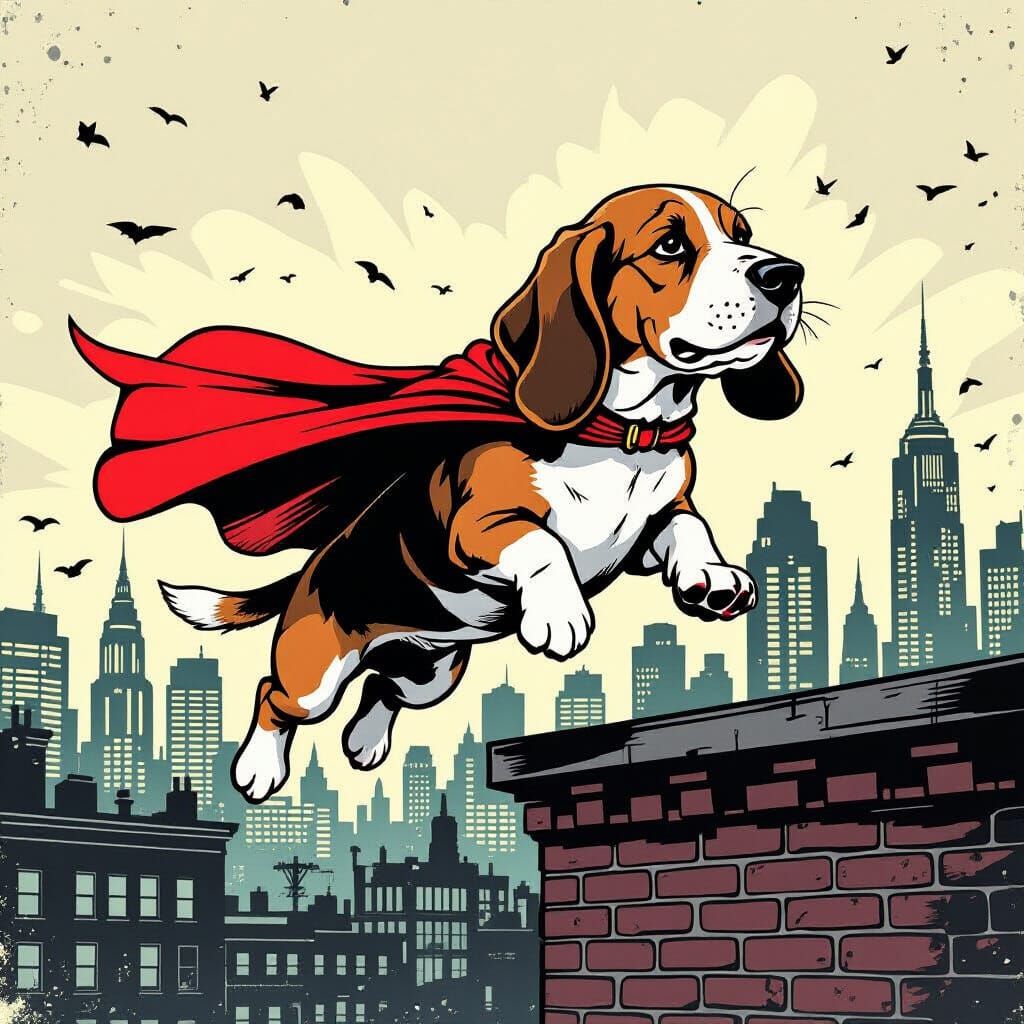 Basset Hound Superhero Leaps from Rooftop in Street Art Styl...
