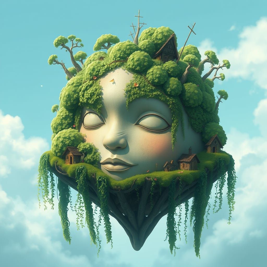 Floating Face Island in Dreamlike Style