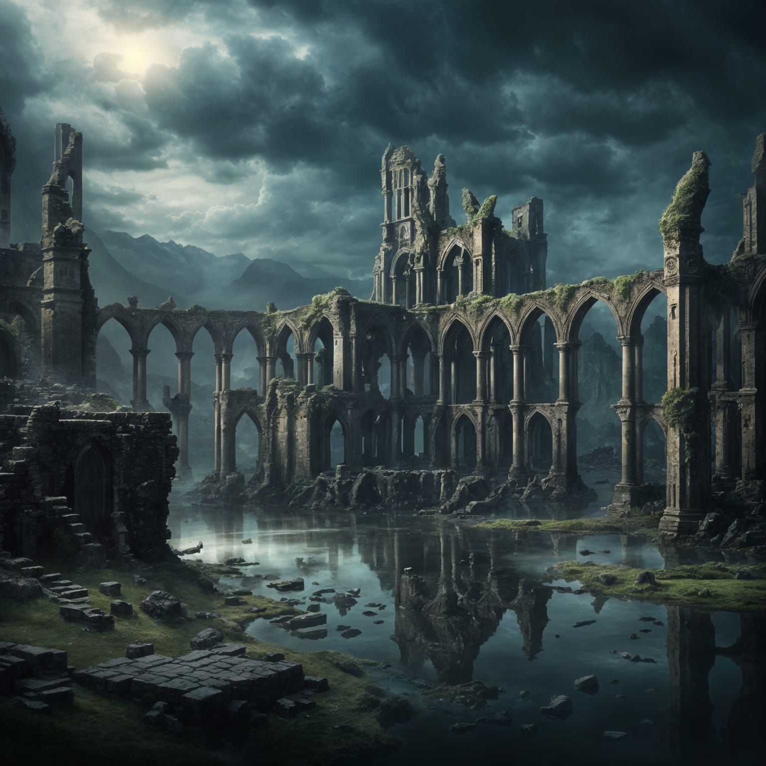 Dark Fantasy Celtic City Ruins by Lake