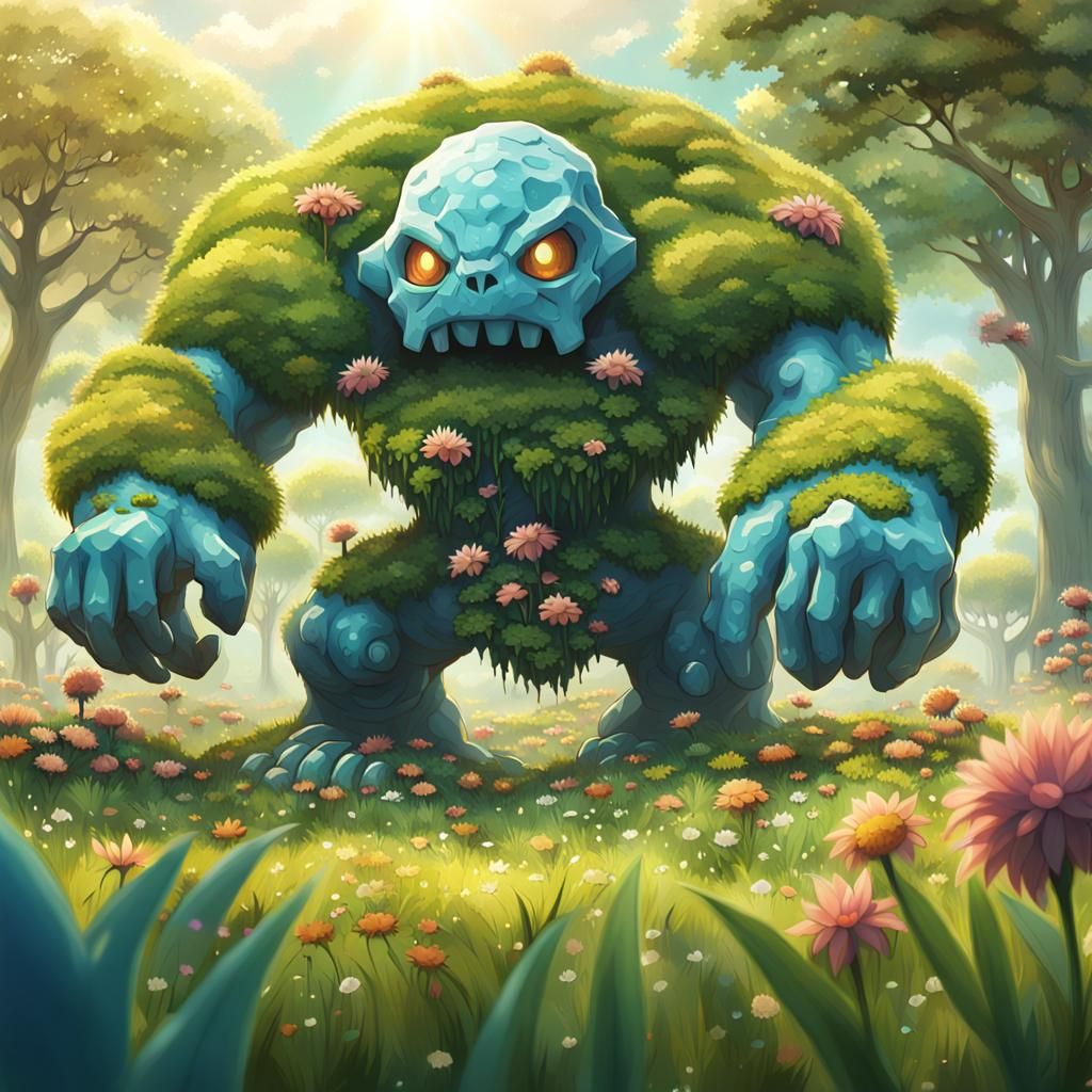 Golem Pokemon Eats Grass in Sunny Meadow
