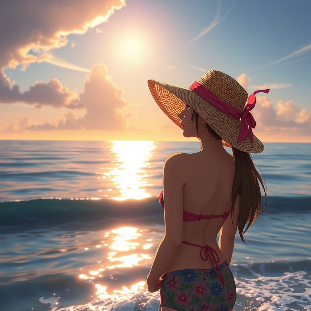 Anime Woman on Sunlit Shoreline in Shinkai Style