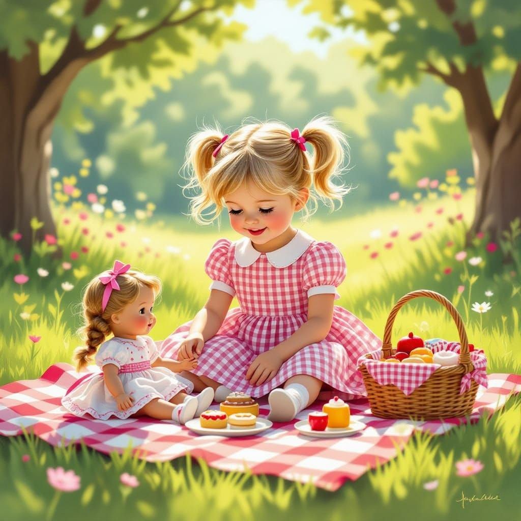 Girl's Idyllic Picnic With Doll in Sunny Clearing