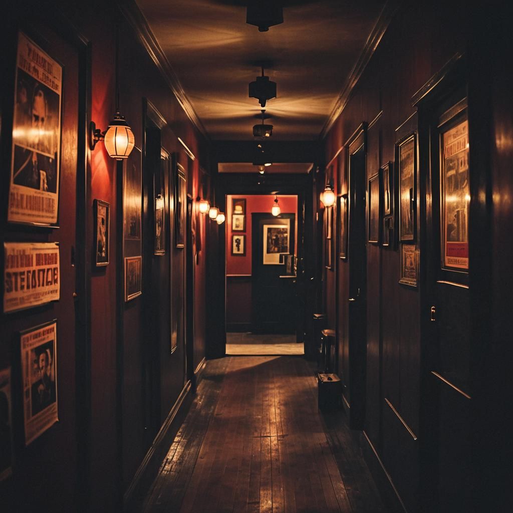 Eerie Cinema Corridor with Movie Posters in Cinematic Style