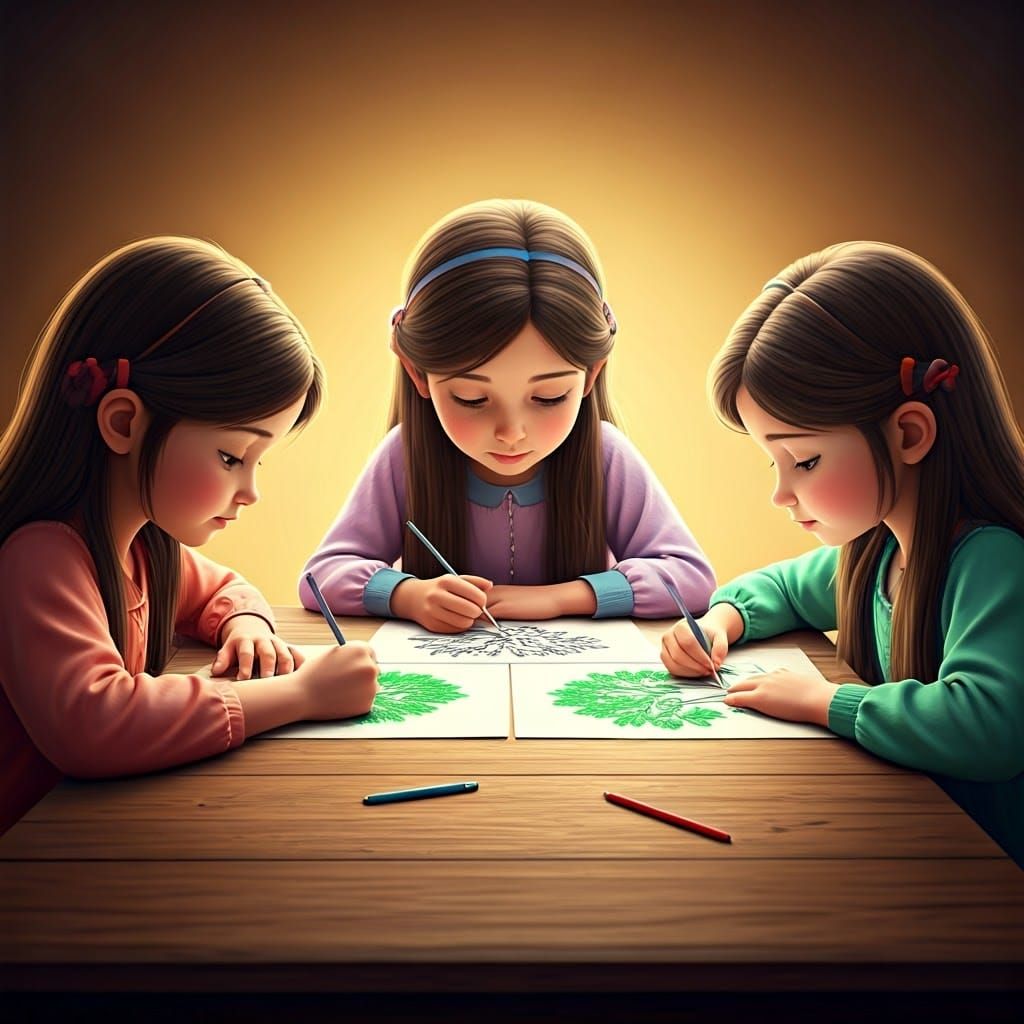 Three Girls in Pastel Hues, Focused on Majestic Tree Drawing...