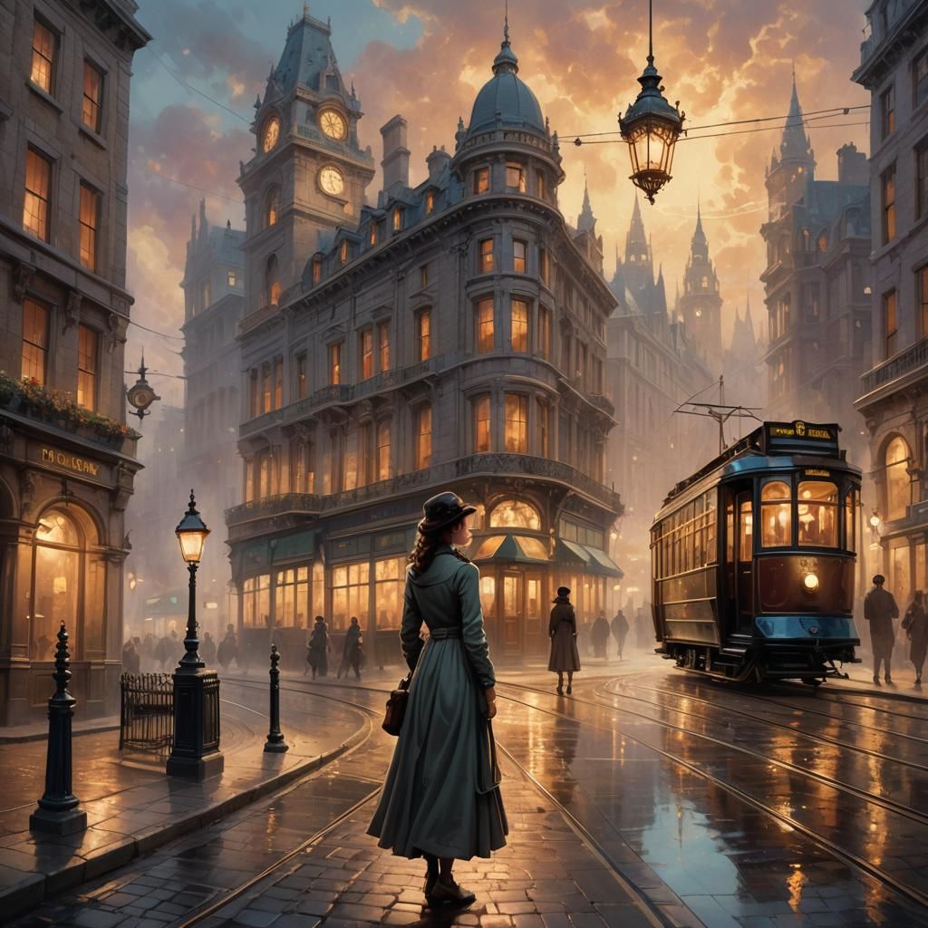 Victorian Era Woman Near London Tram in Ink Scenery