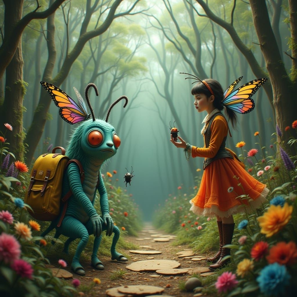 <lora:What once was:1.0> Excited Caterpillar With lots of legs talking to females