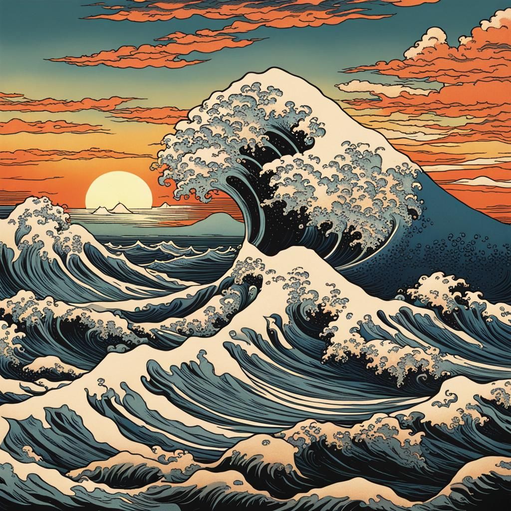 Hokusai-Inspired Sunset Waves: Japanese Art