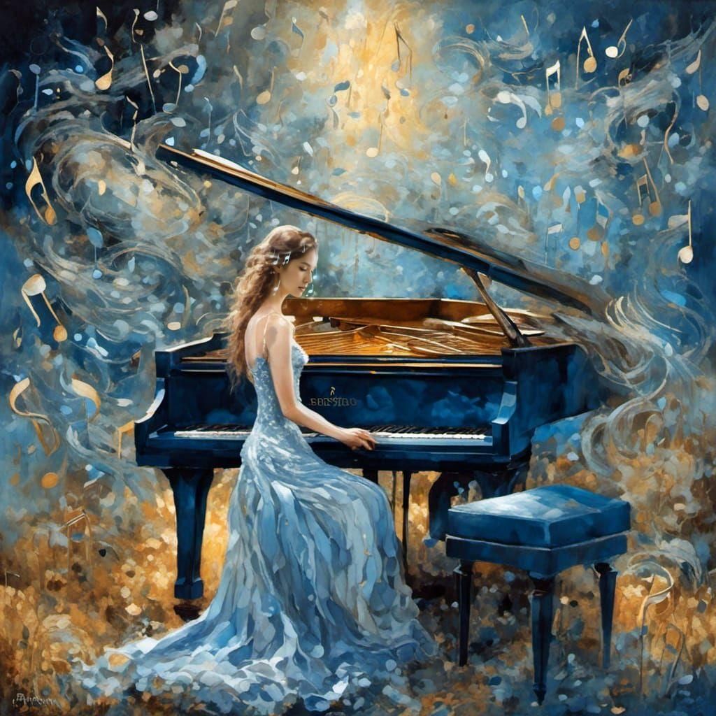 Woman in Musical Note Dress at Forest Piano