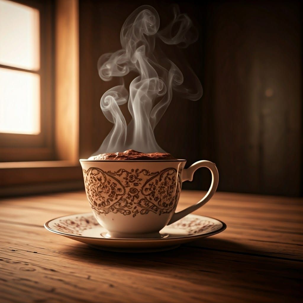 Rich Hot Chocolate in Ornate Mug, Golden Light