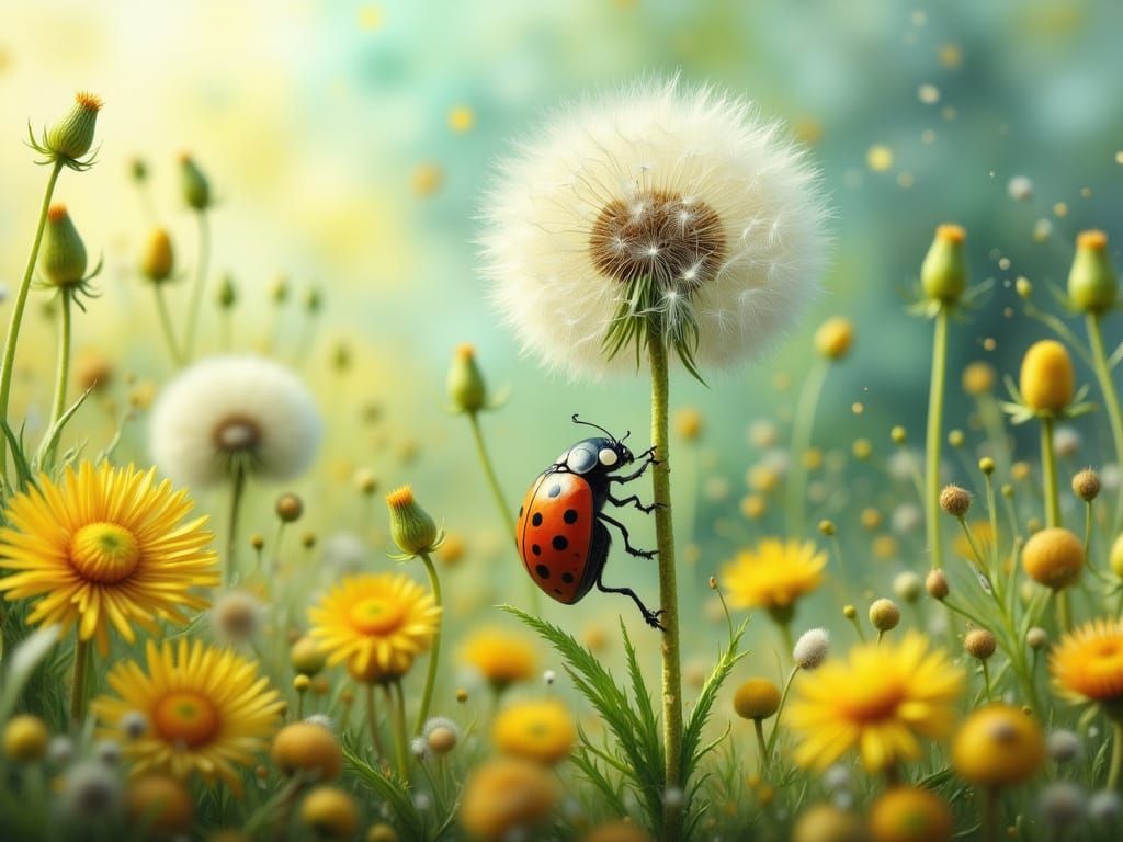 A small ladybug, having struggled to climb a towering dandelion stem, finally reaches its fluffy seed head, ready to emb...