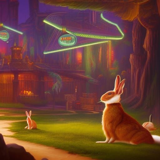 Rabbits Gamble at Casino: Detailed Matte Painting