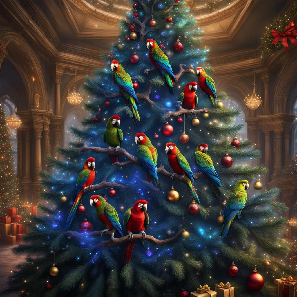 Christmas Tree Decorated with Parrots: Fantasy Art