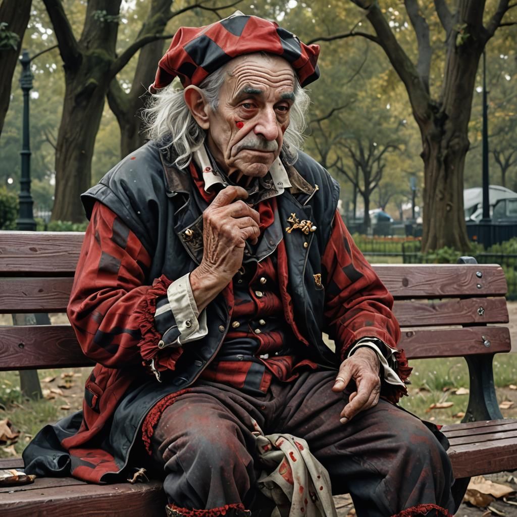 Sad Jester Feeds Squirrels: Hyperrealistic Concept Art