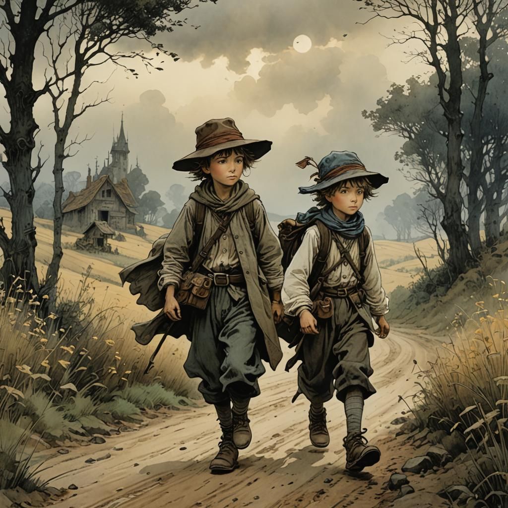 Whimsical Travelers on a Country Road in a Vintage Illustrat...