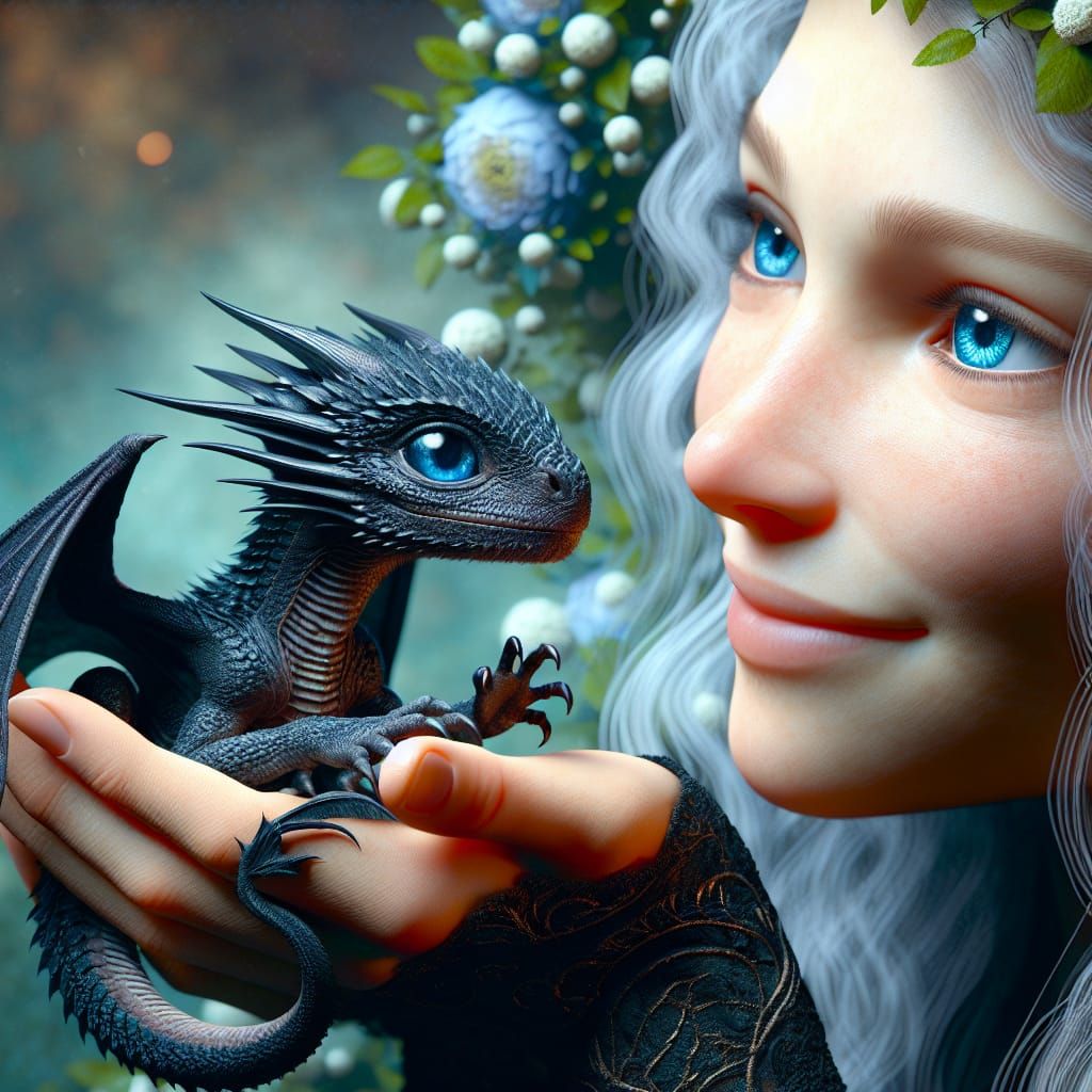 Dragon Hatchling Held by Elegant Elf Woman