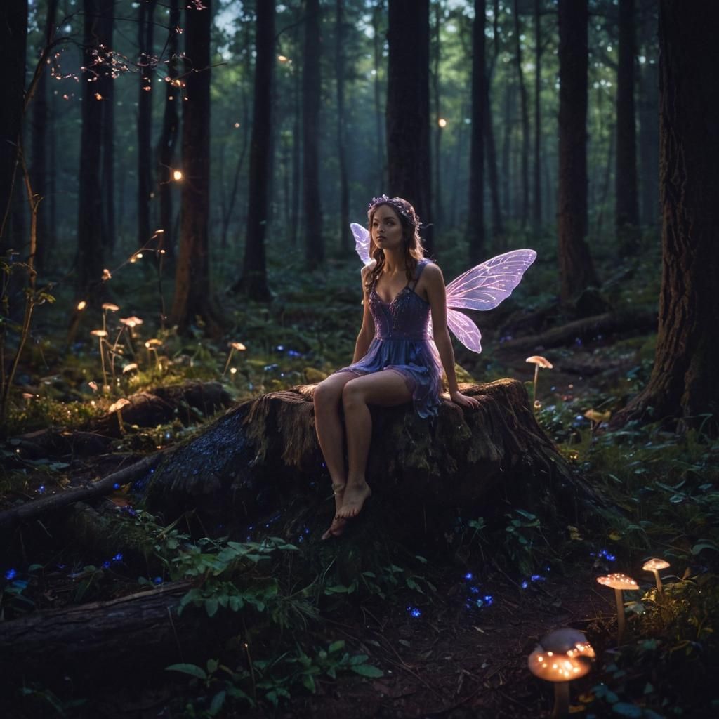 Fairy in Moonlit Forest With Fireflies