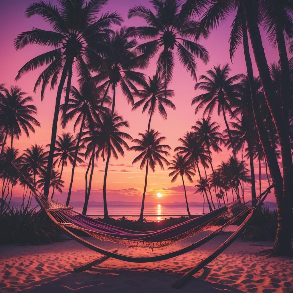 Synthwave Sunset at Tropical Beach