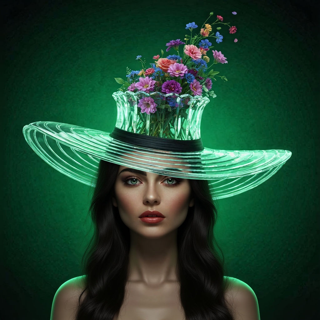 Brunette in Crystal Vase Hat with Flowers