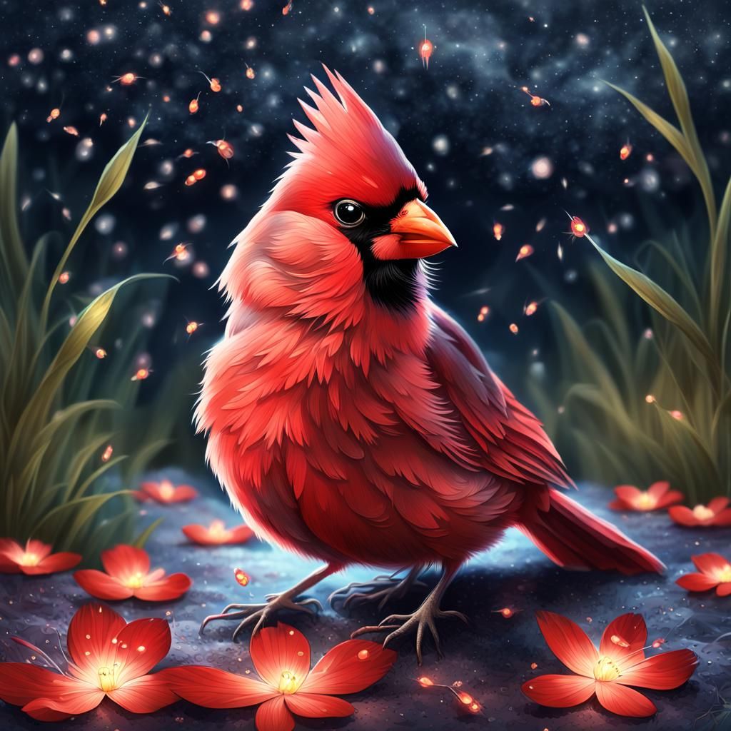 Red Cardinal with Fireflies: Hyper-Realistic Digital Art