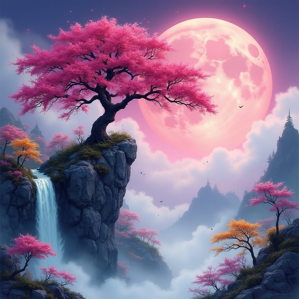 Dreamlike Cherry Blossom Tree Under Glowing Full Moon