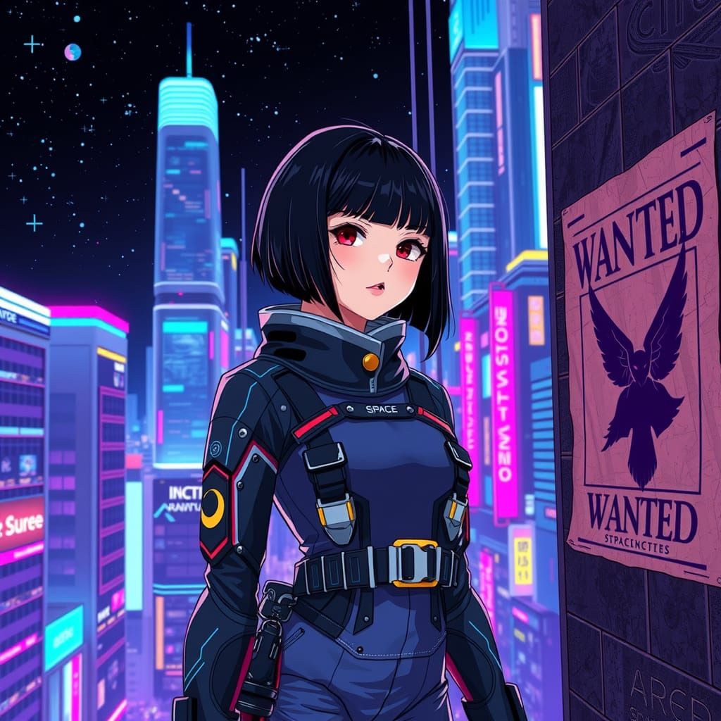 Anime Girl Wanted Poster in Neon Cityscape