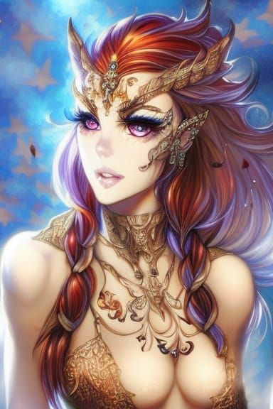 Anime Harpy Warrior Drinking Tea Under Aurora