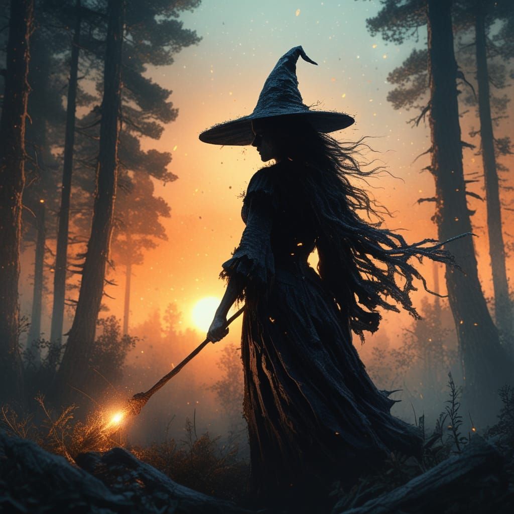 Medieval Witch Silhouette in Dark Forest Landscape