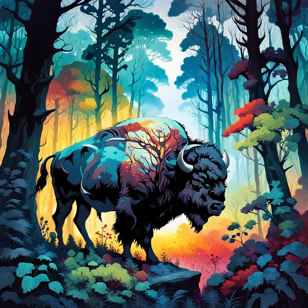 Double Exposure Bison Silhouette in Dark Fantasy Forest