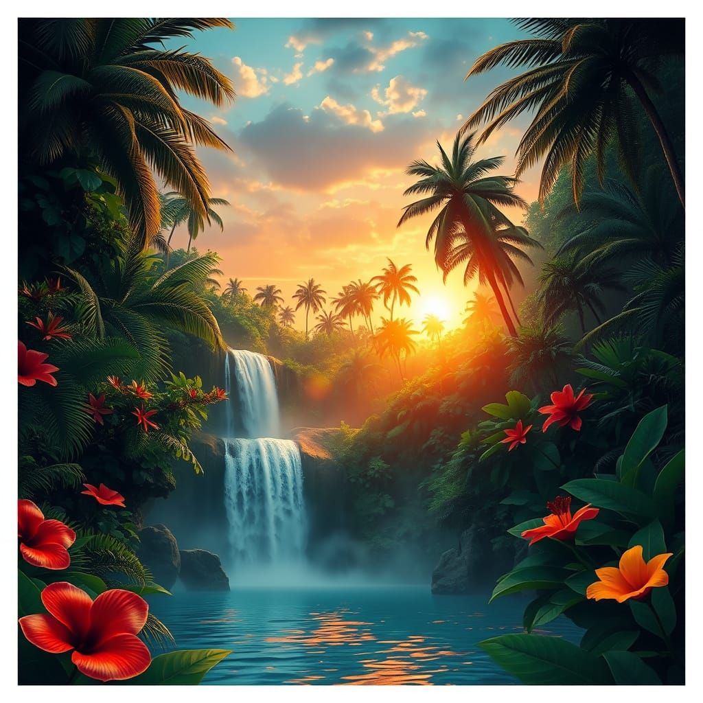 Vibrant Tropical Jungle Waterfall at Sunset Digital Painting