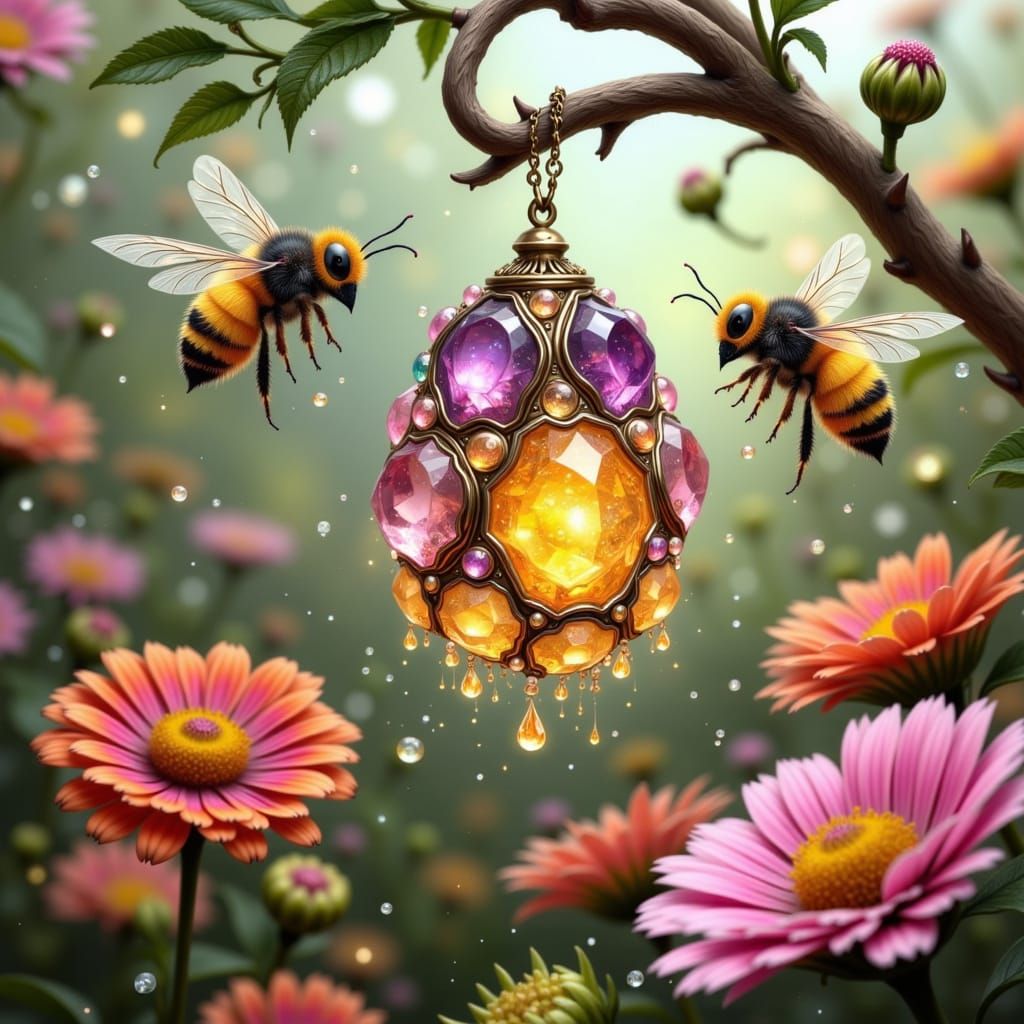 Enchanted Faerie Bees Dance Among Vibrant Zinnias in a Whims...