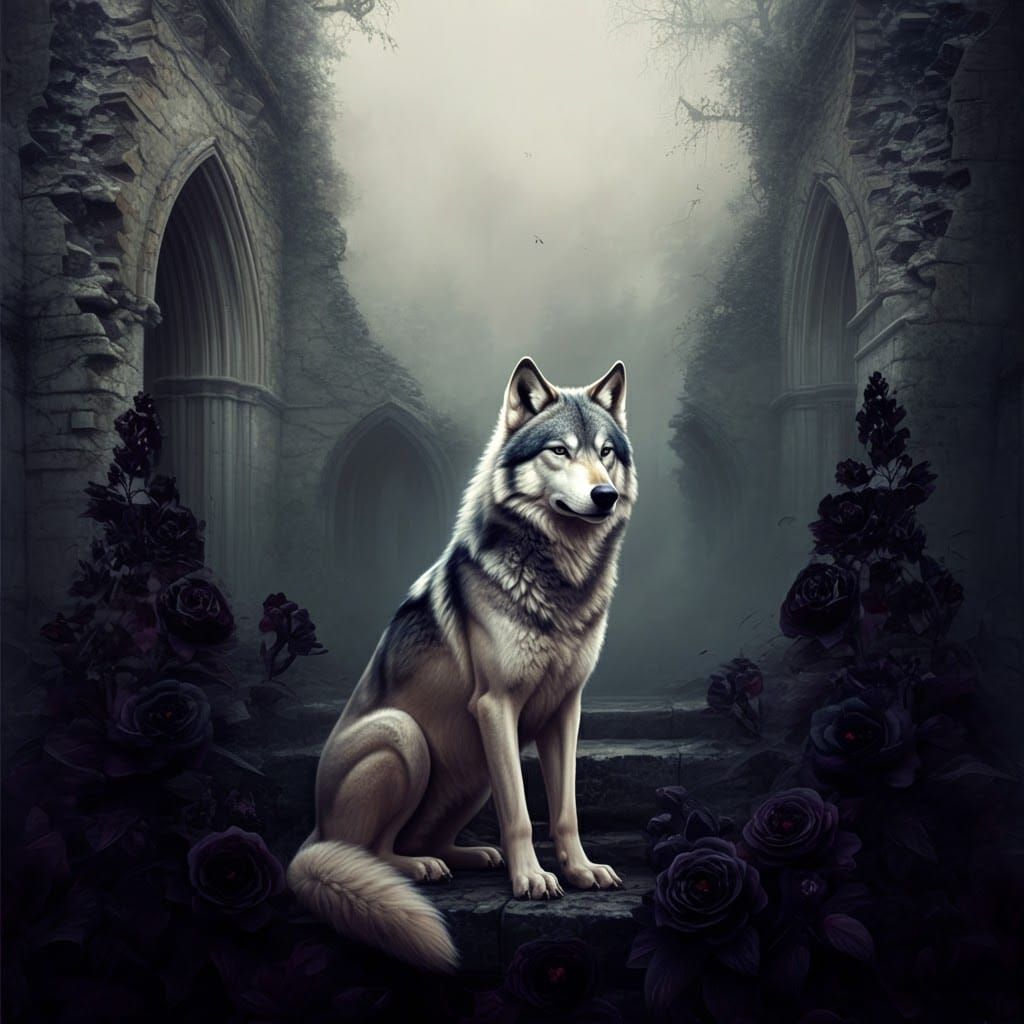 Wolf in Black Flowers Amidst Castle Ruins