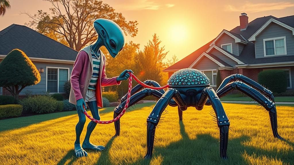 Alien Pets: Surreal Scene in Pastel Suburbia