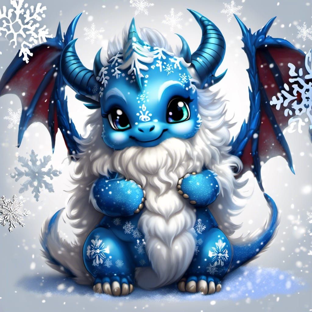 Cute Blue Fluffy Christmas Dragon with Open Wings